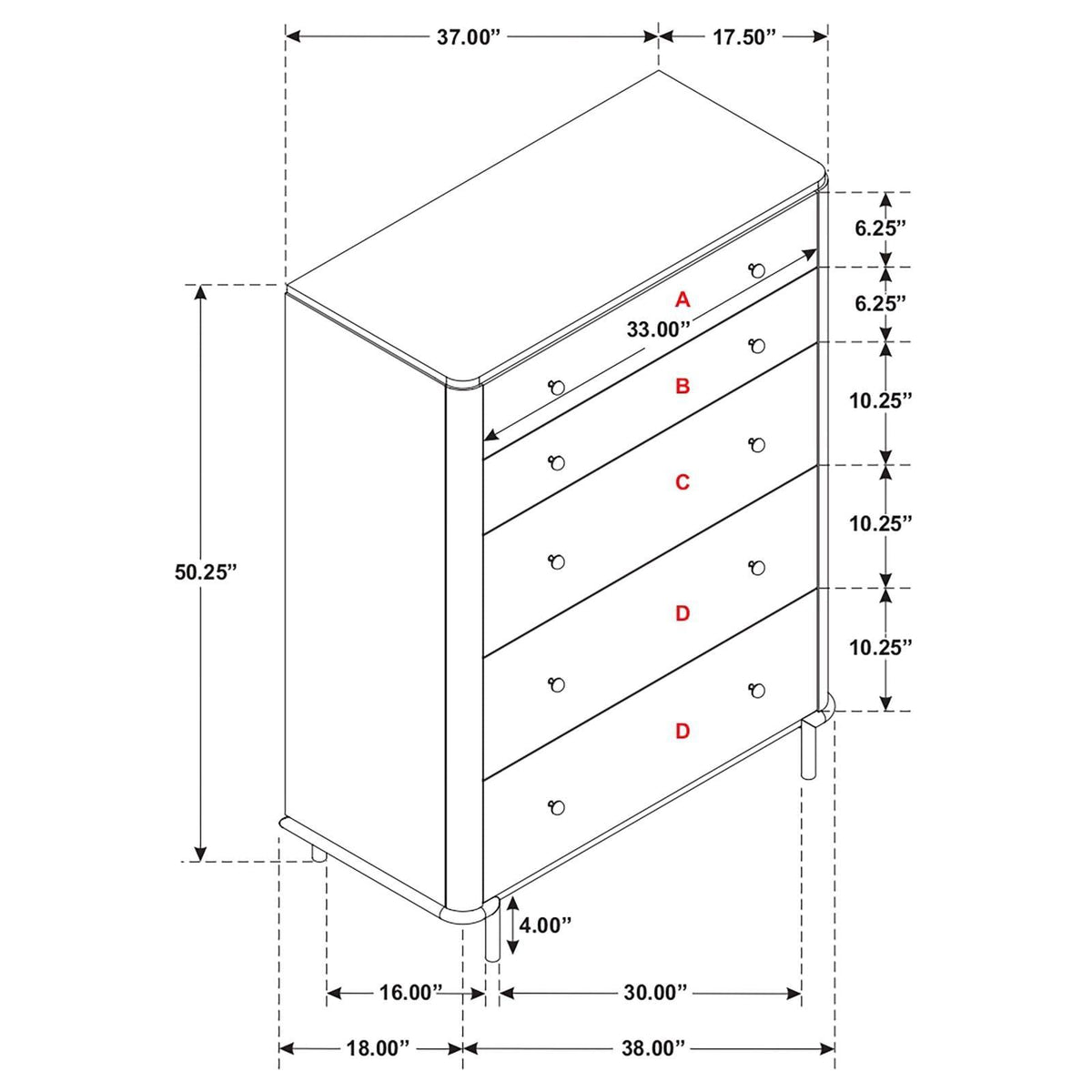 Bottom drawer detail showing laminated veneer lumber