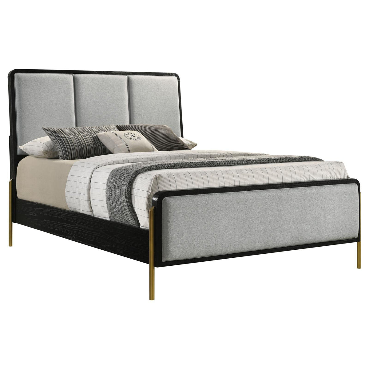 Arini Eastern King Bed showing padded gray fabric headboard, front angle