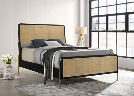 Front view of Arini Eastern King Bed with woven natural rattan headboard and black frame