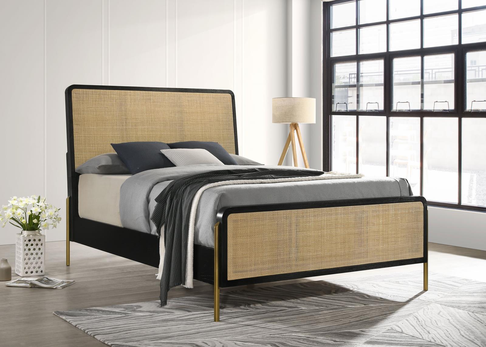 Arini Arini Eastern King Bed With Woven Rattan Headboard Black And Natural 224330Ke - Ella Furniture