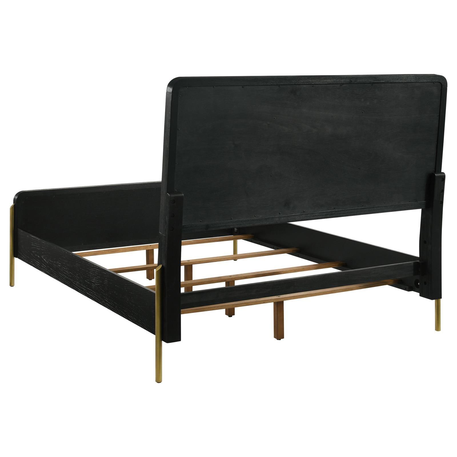 Arini Queen Bed with woven rattan headboard black and natural, side angle