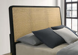 Arini Queen Bed with woven rattan headboard black and natural, detail of legs