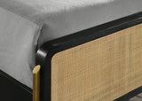 Arini Queen Bed with woven rattan headboard black and natural, view from footboard