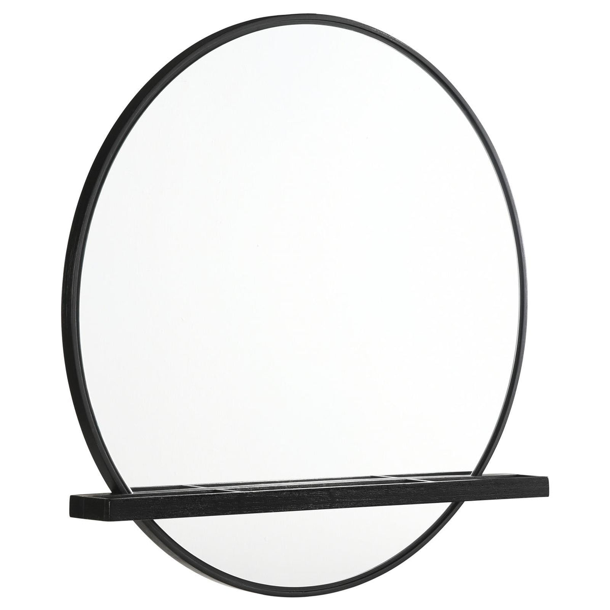 Arini round black dresser mirror with jewelry tray shelf front view