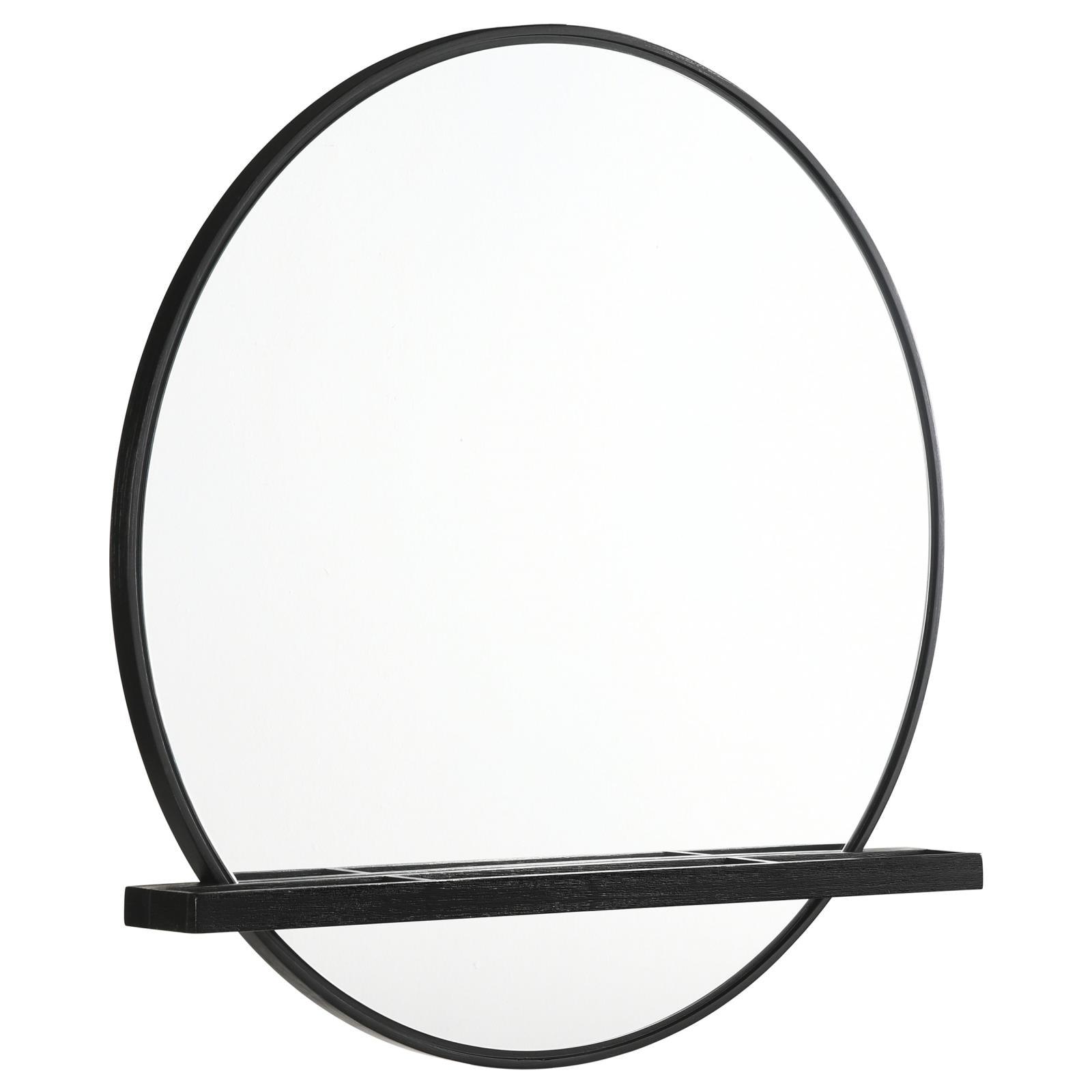 Arini round black dresser mirror with jewelry tray shelf front view