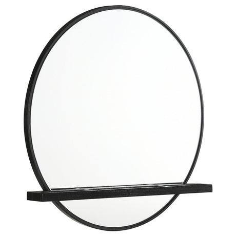 Arini round black dresser mirror with jewelry tray shelf front view