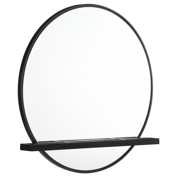 Arini round black dresser mirror with jewelry tray shelf front view