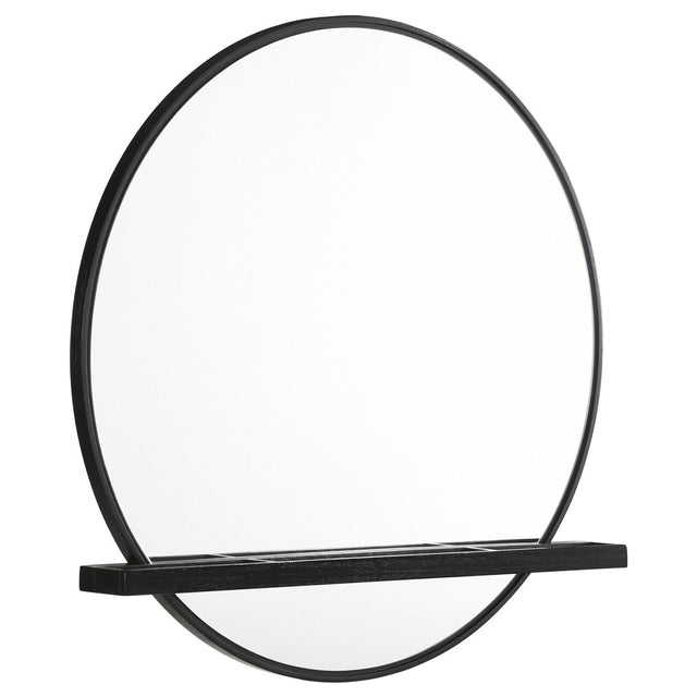 Arini round black dresser mirror with jewelry tray shelf front view