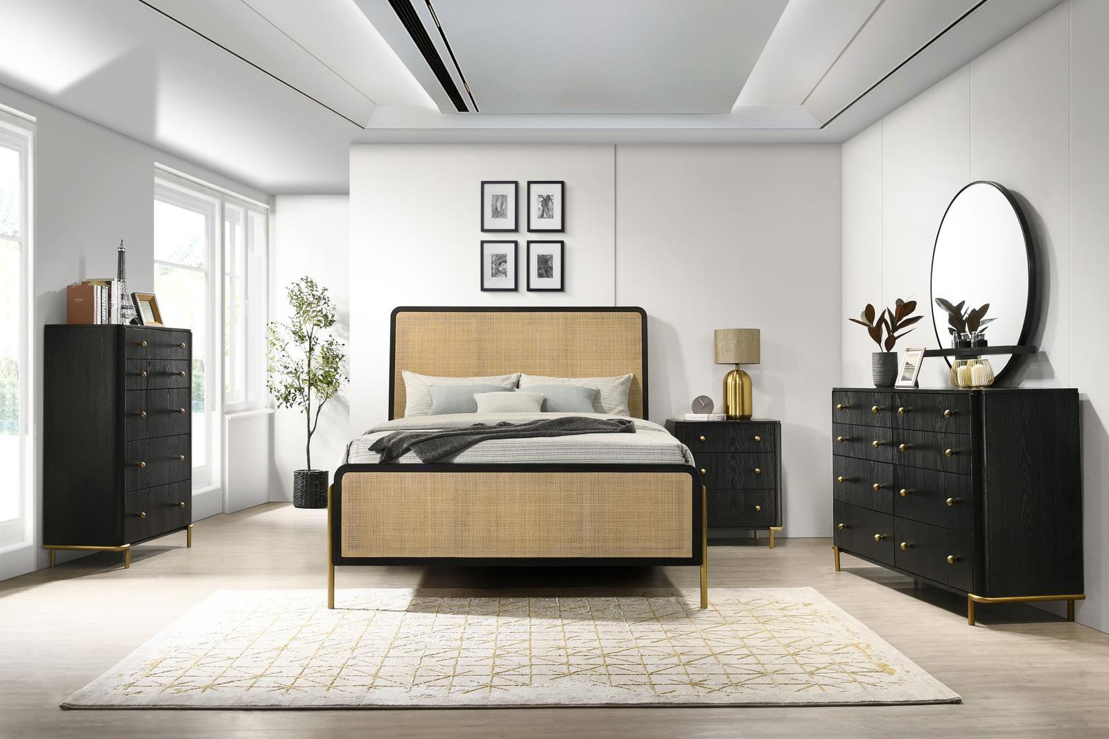 Arini round black mirror in bedroom setting