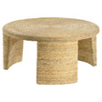 Front angle view of Artina Round Coffee Table with woven rattan top in natural brown