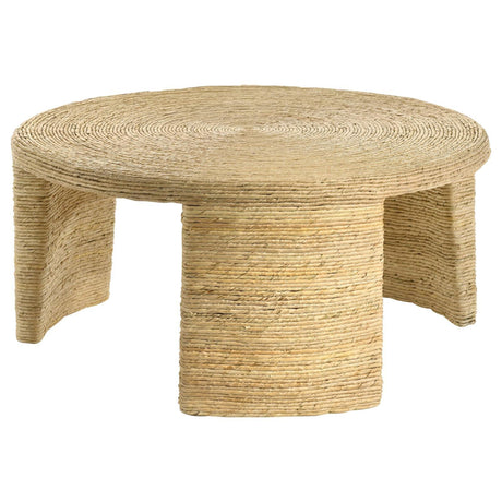 Front angle view of Artina Round Coffee Table with woven rattan top in natural brown