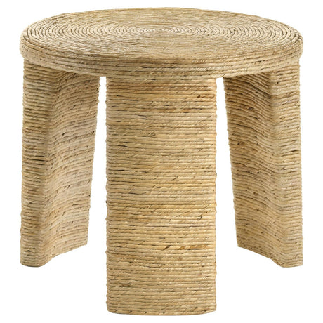 Artina Woven Rattan Round End Table natural brown, angled side view