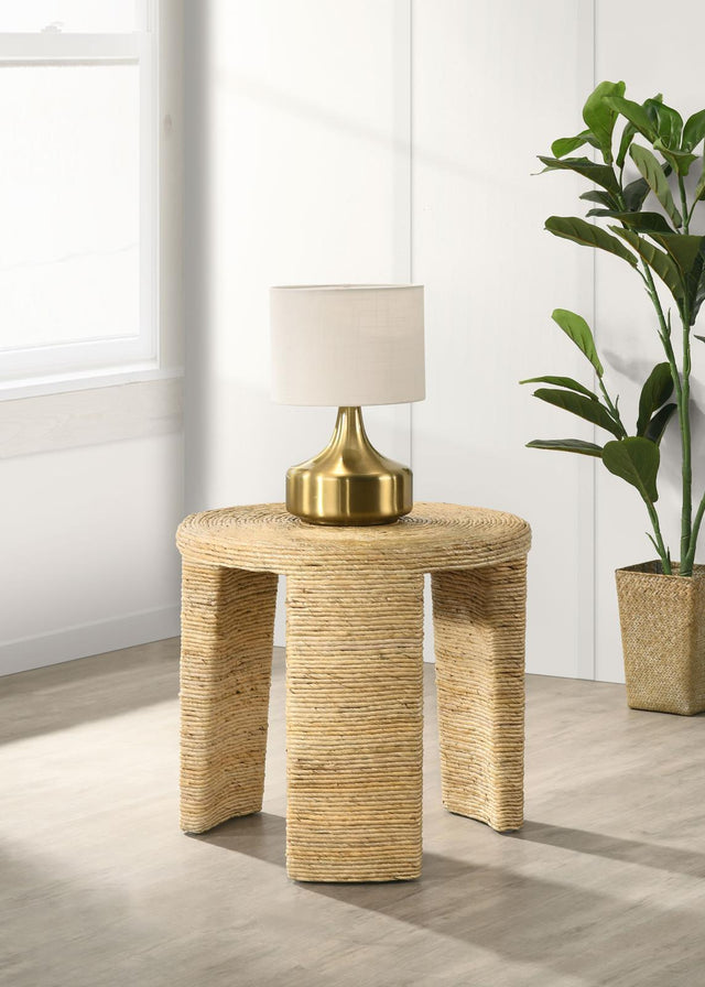 Artina Woven Rattan Round End Table close-up of woven rattan texture