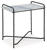 Side angle of Ashber white marble top accent table with black metal legs
