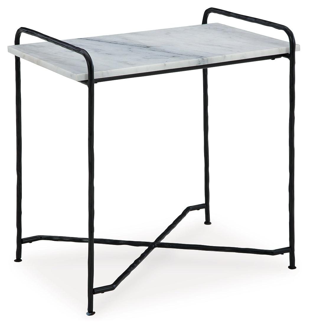 Side angle of Ashber white marble top accent table with black metal legs