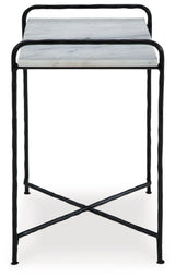 Black metal legs supporting Ashber accent table with marble top