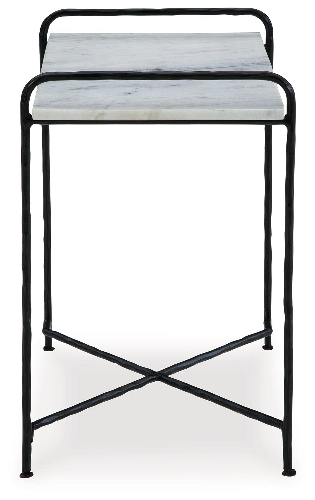 Black metal legs supporting Ashber accent table with marble top
