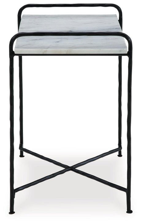 Black metal legs supporting Ashber accent table with marble top