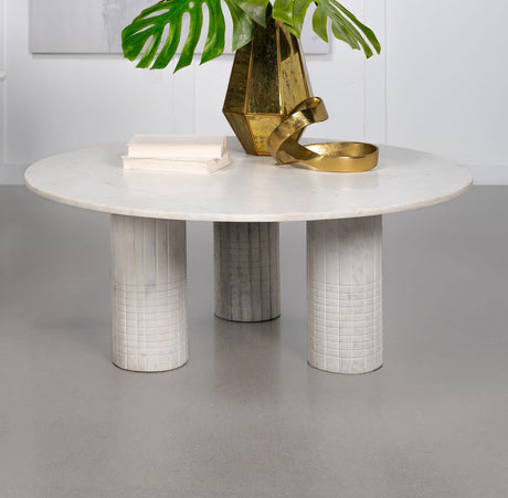 Astoria round genuine marble coffee table with triple-legged pedestal base