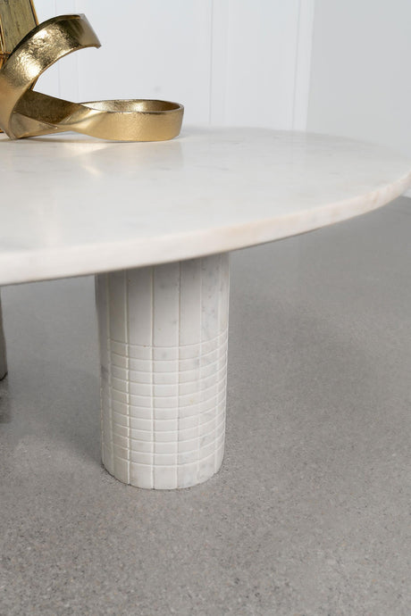 Side angle of Astoria round marble coffee table with MDF base