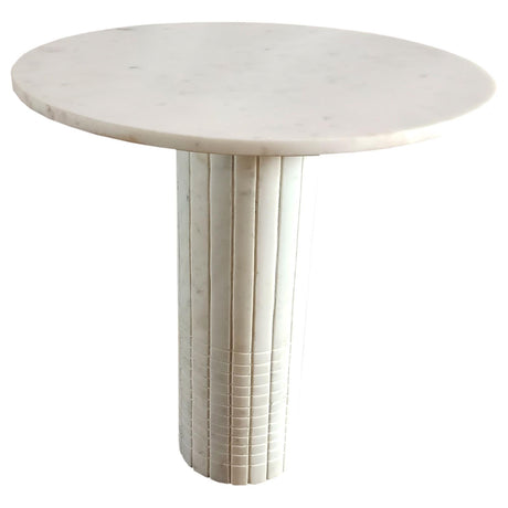 Astoria round end table with white marble top and fluted wood pedestal base