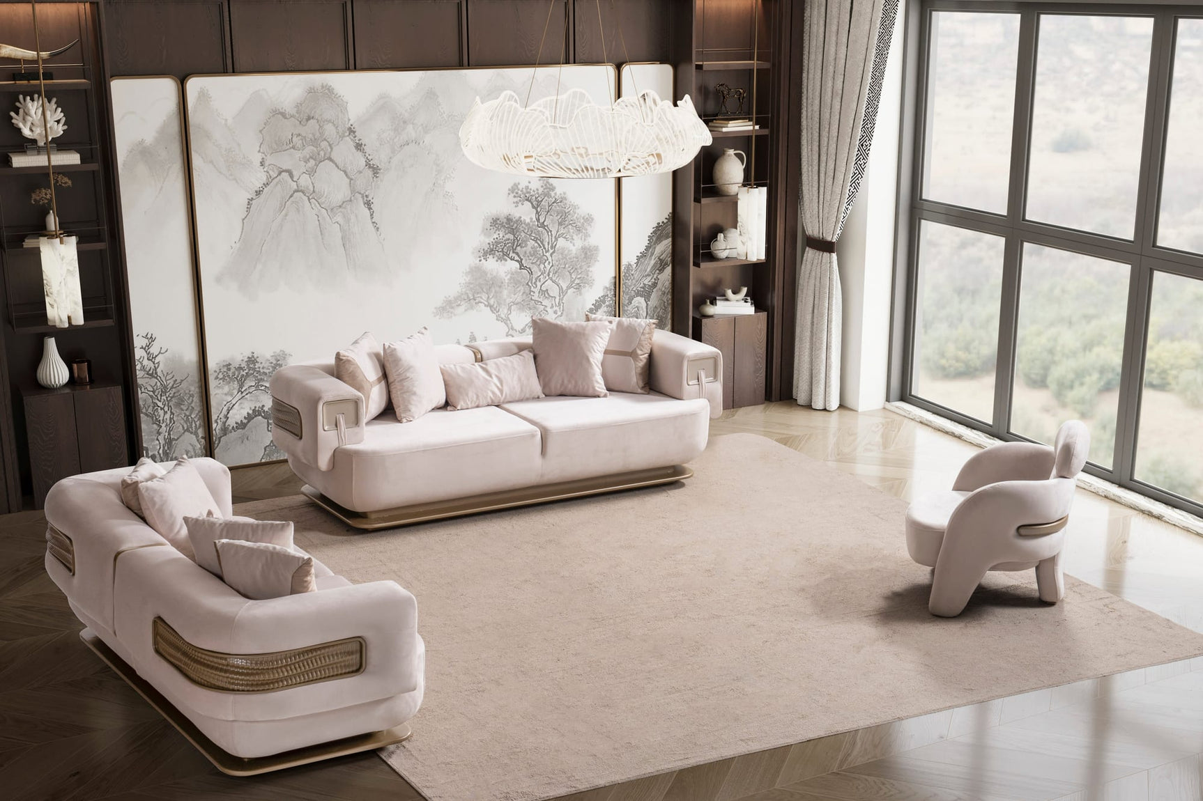 Athena Sofa, Loveseat, and Chair Set with Plush Cushions and Metallic Base view 4