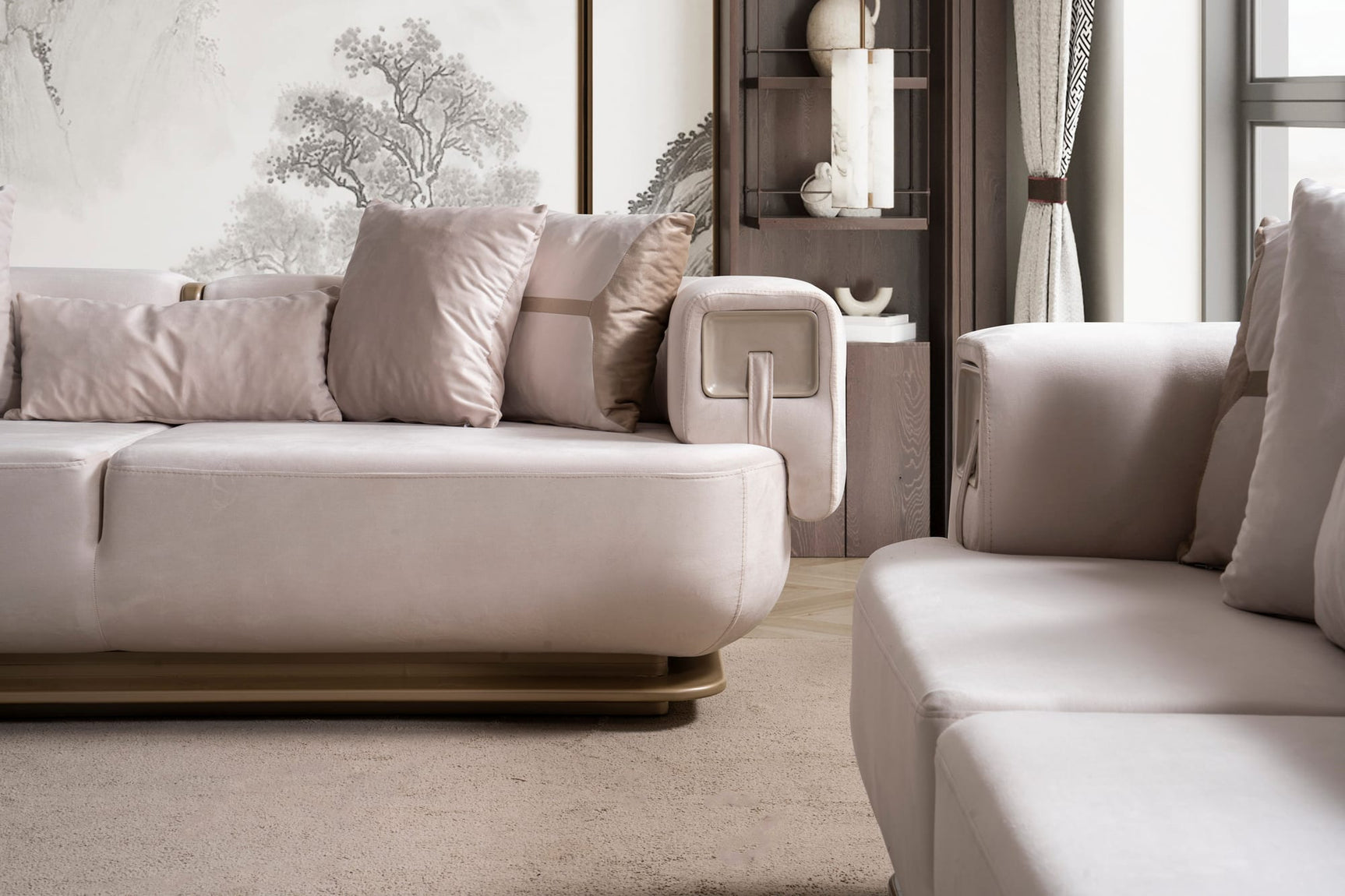 Athena Sofa, Loveseat, and Chair Set with Plush Cushions and Metallic Base room view