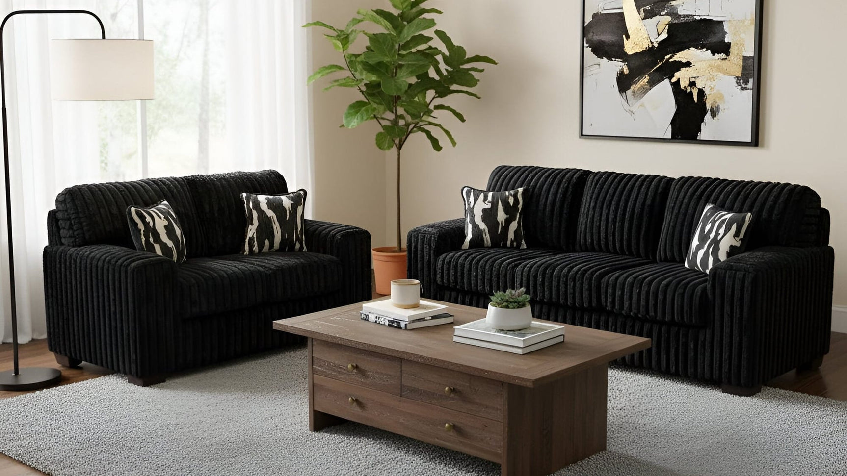Austin Black Corduroy Sofa and Loveseat Set with Accent Pillows from Decor Furniture