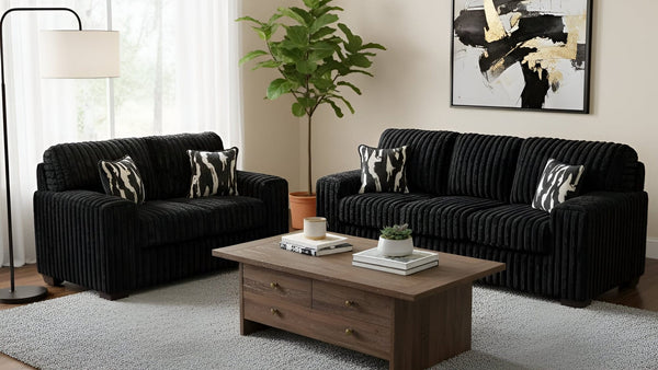 Austin Black Corduroy Sofa and Loveseat Set with Accent Pillows from Decor Furniture