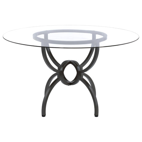 Aviano Round 48-inch Glass Top Metal Dining Table Gunmetal base close-up