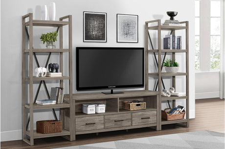 Bainbridge Gray Weathered Wood TV Stand front view with drawers and shelves