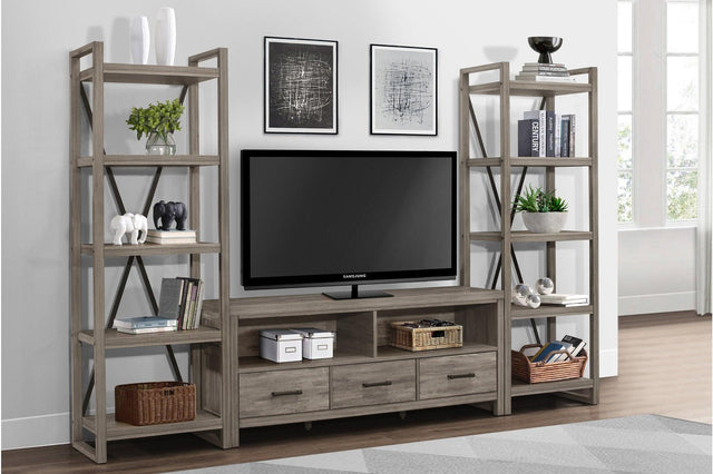 Bainbridge Gray Weathered Wood TV Stand front view with drawers and shelves
