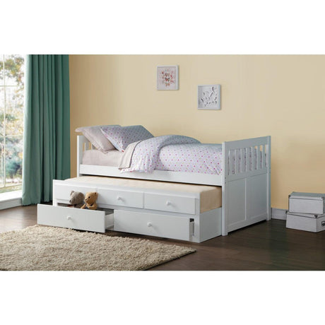 Galen White Twin Over Twin Trundle Bed trundle pulled out open