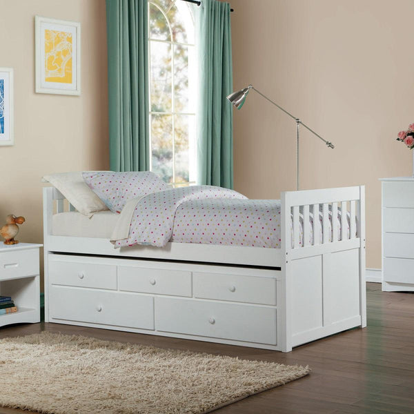 Galen White Twin Over Twin Trundle Bed mattress setup
