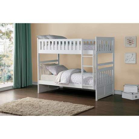 Close-up of Galen White Twin-Over-Twin Bunk Bed construction
