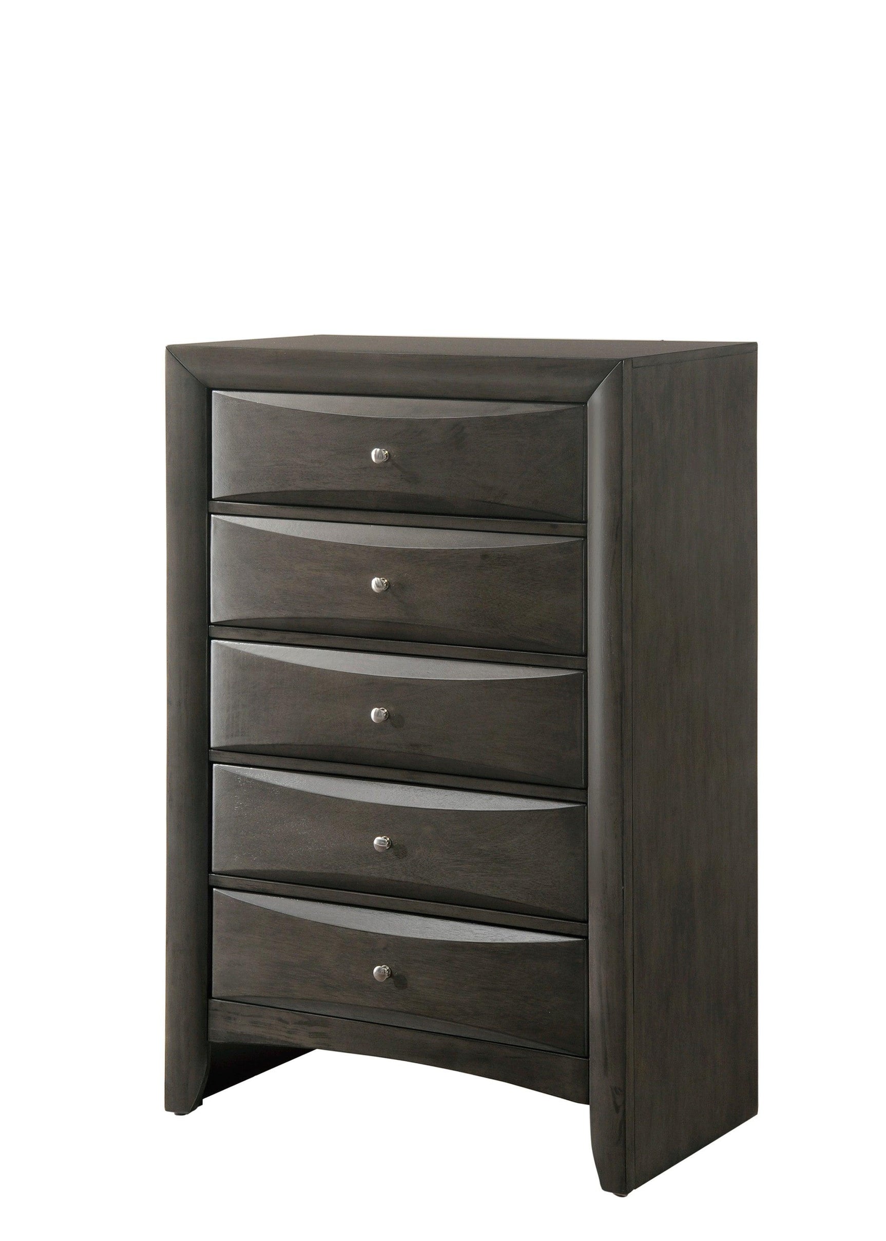 Emily Gray Queen Storage Platform Bed in gray fabric upholstery with storage drawers