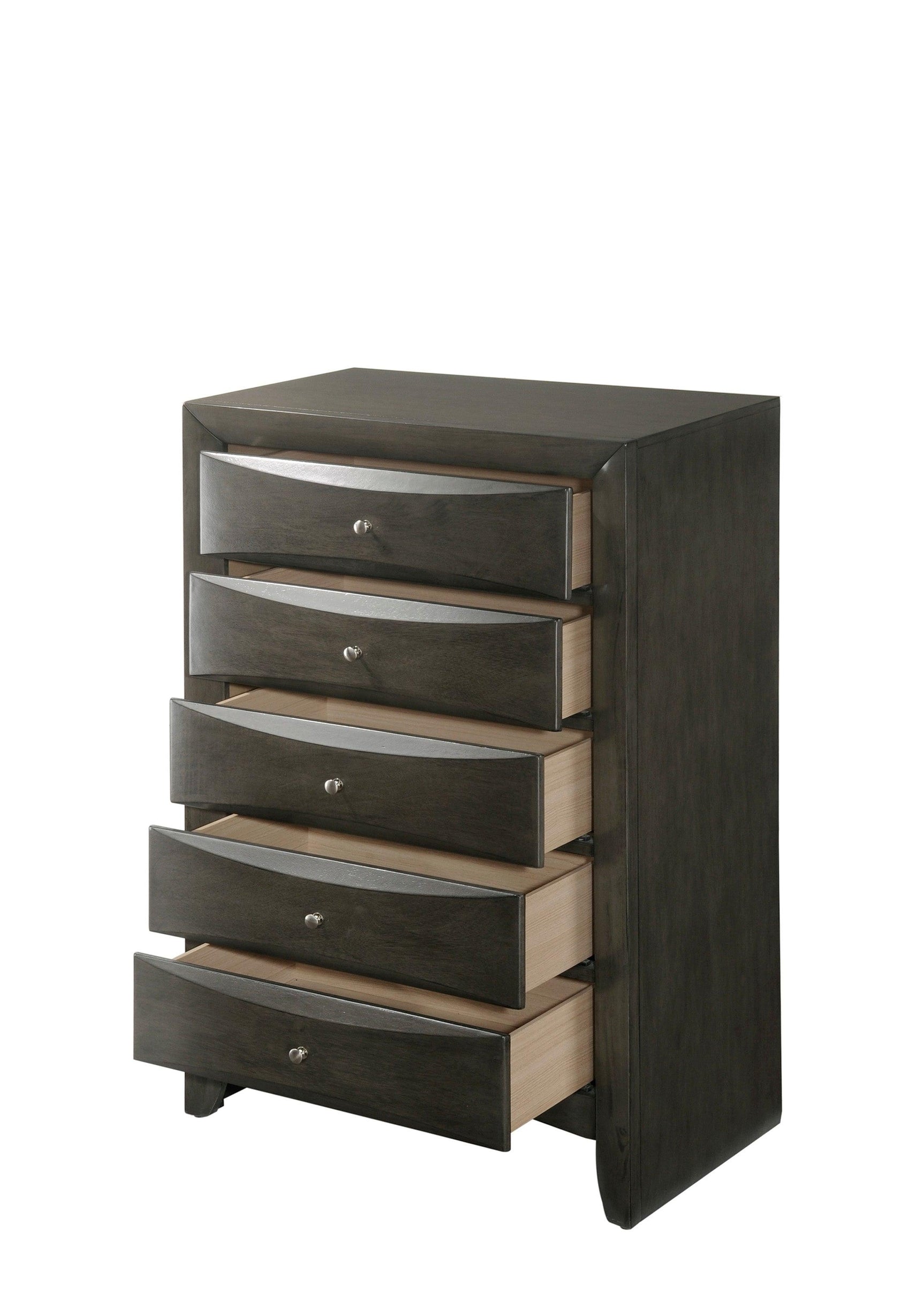 Bedroom view of Emily Gray Oak Storage Platform Bedroom Set bed