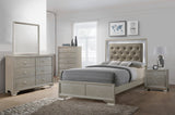 Lyssa Champagne queen bed with LED tufted faux leather headboard and footboard