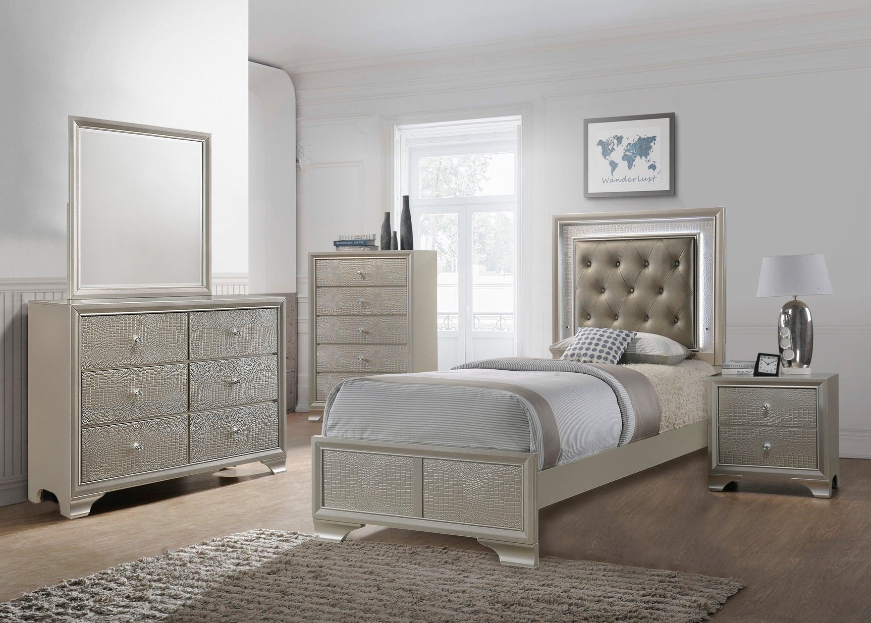 Lyssa Champagne King LED Faux Leather Tufted Upholstered Panel Bed