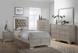 Lyssa Champagne queen bed with LED tufted faux leather headboard and footboard
