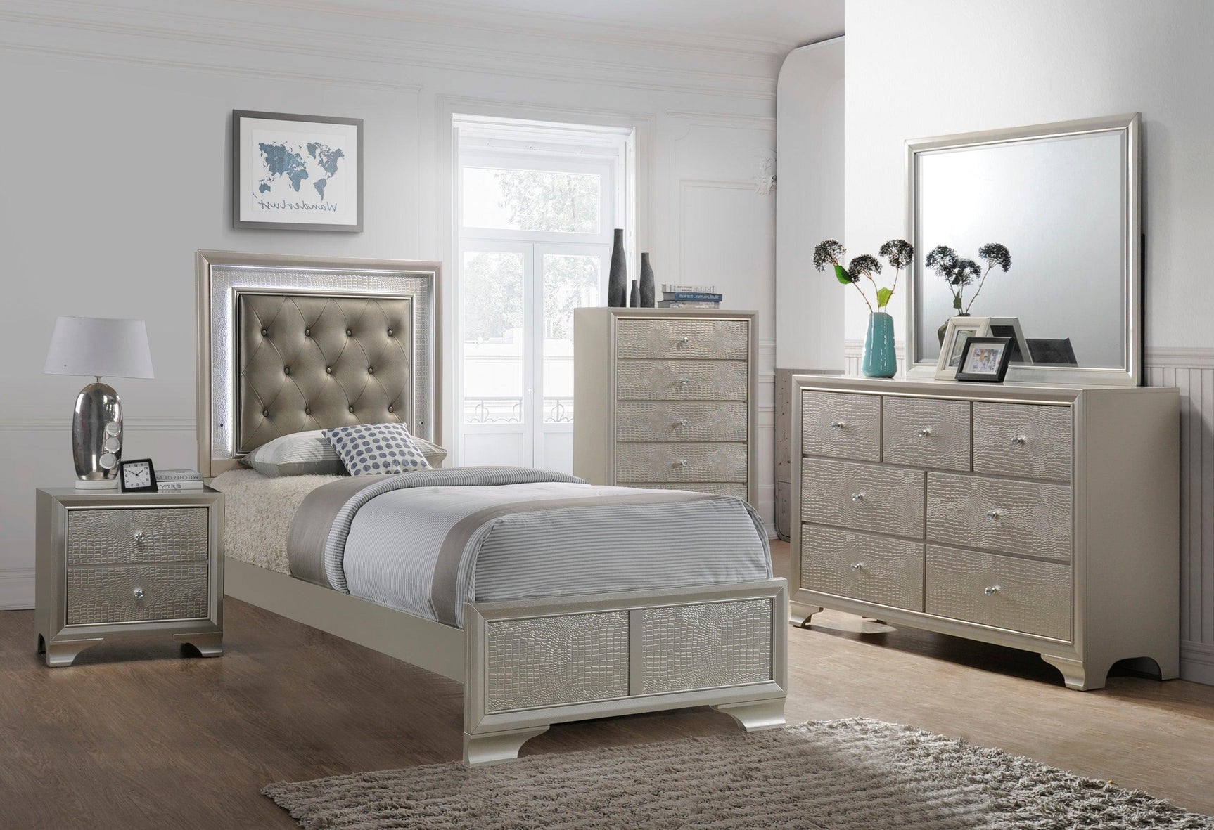Lyssa Champagne King LED Faux Leather Tufted Upholstered Panel Bed
