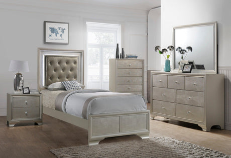 Lyssa Champagne King LED Faux Leather Tufted Upholstered Panel Bed