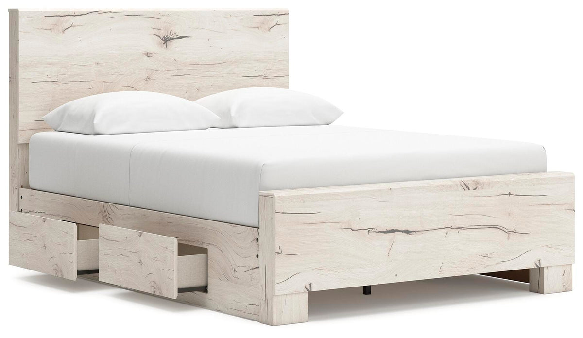 Lawroy Light Natural Queen Panel Bed with Storage — angled view