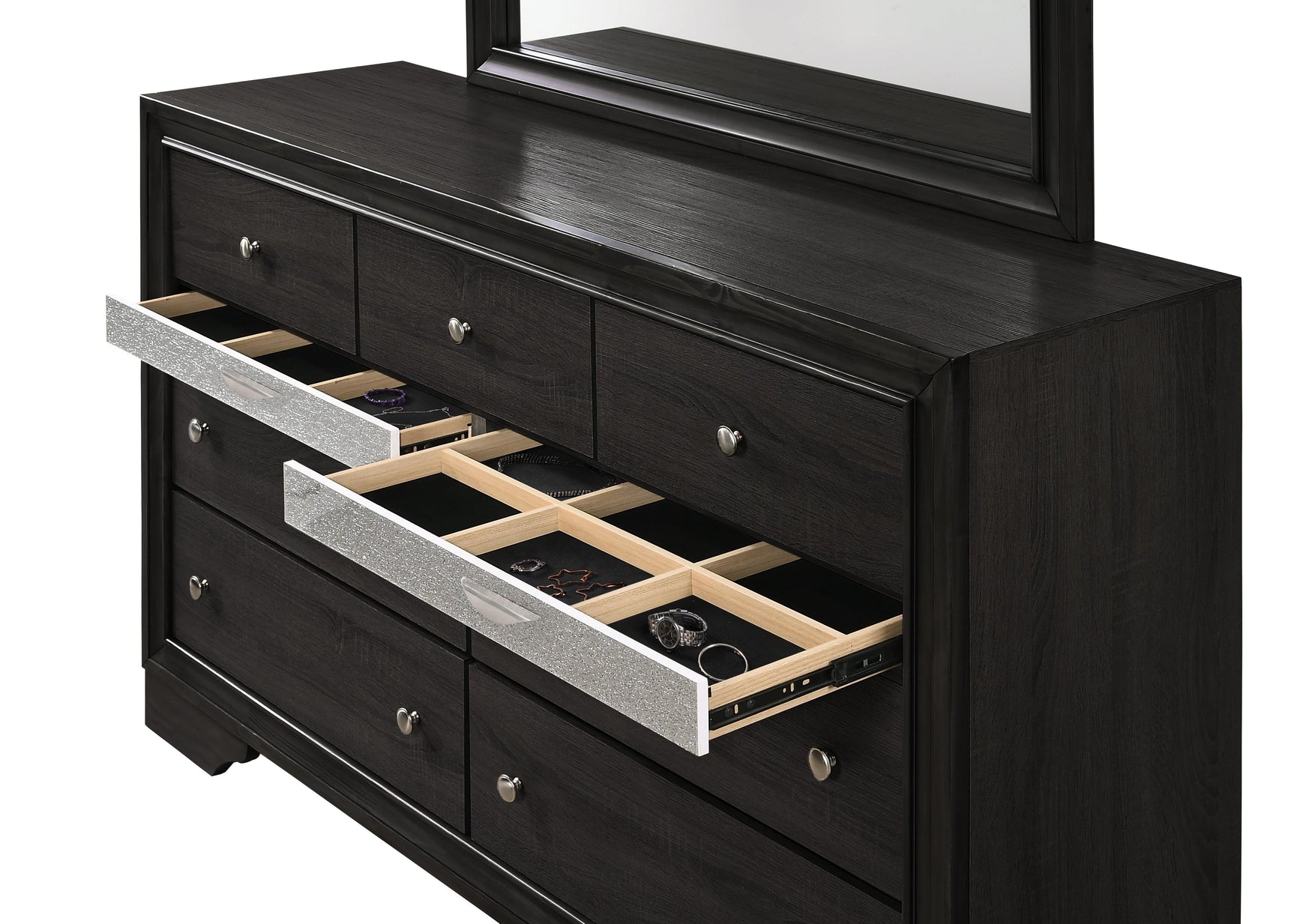 Close-up of Regata dresser drawer with jewelry tray