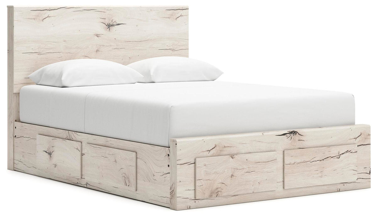 Lawroy Light Natural Queen Panel Storage Bed — angled view