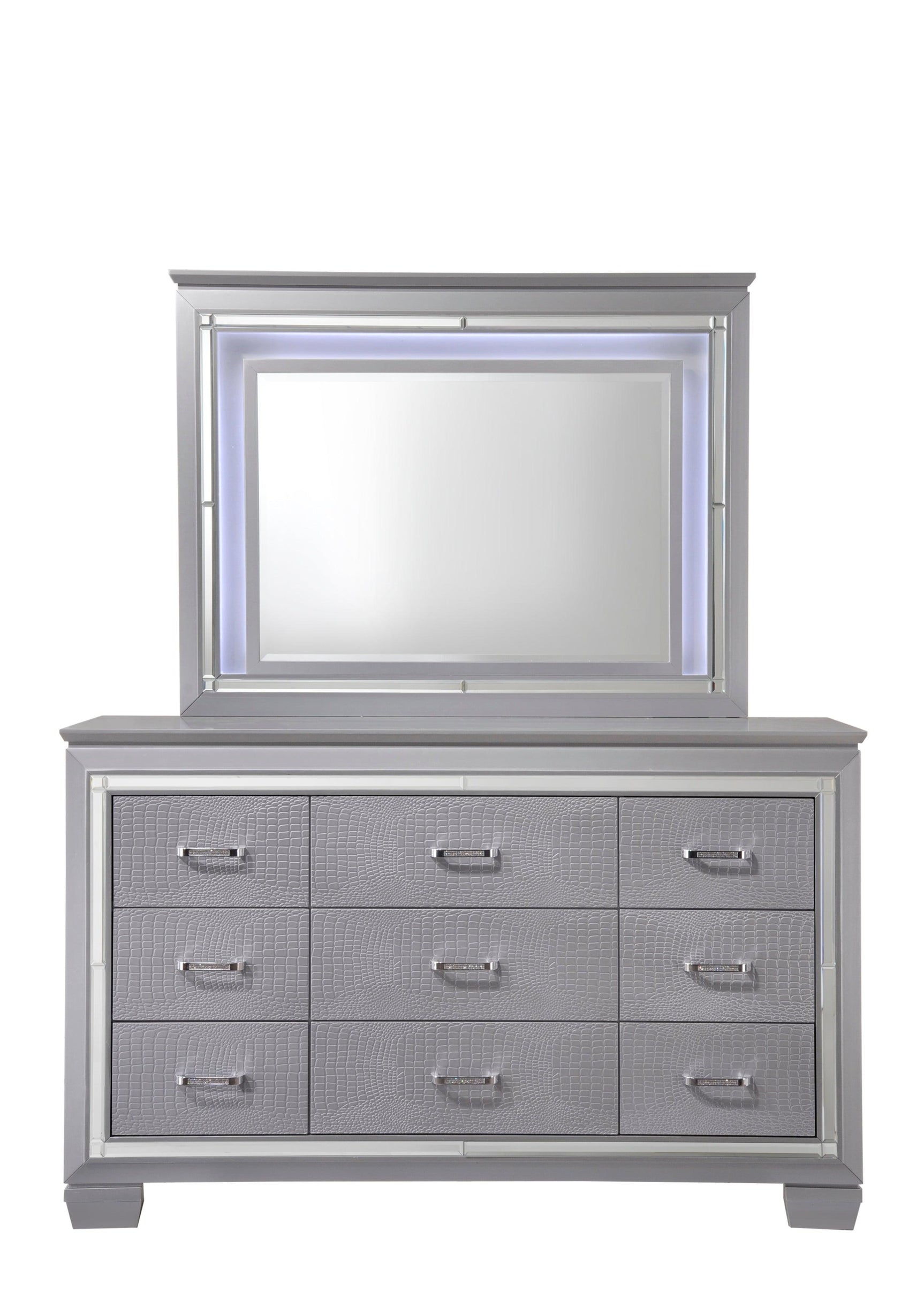 Bedroom view of Lillian Silver LED Fabric Upholstered Tufted Bedroom Set bed
