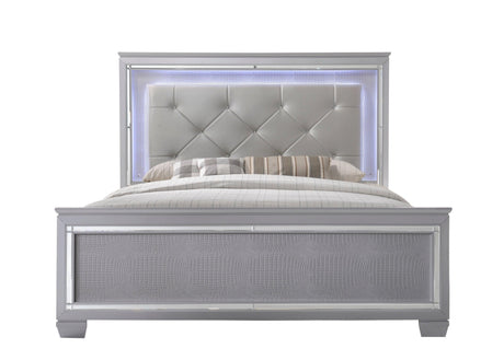 Bedroom view of Lillian Silver LED Fabric Upholstered Tufted Bedroom Set bed