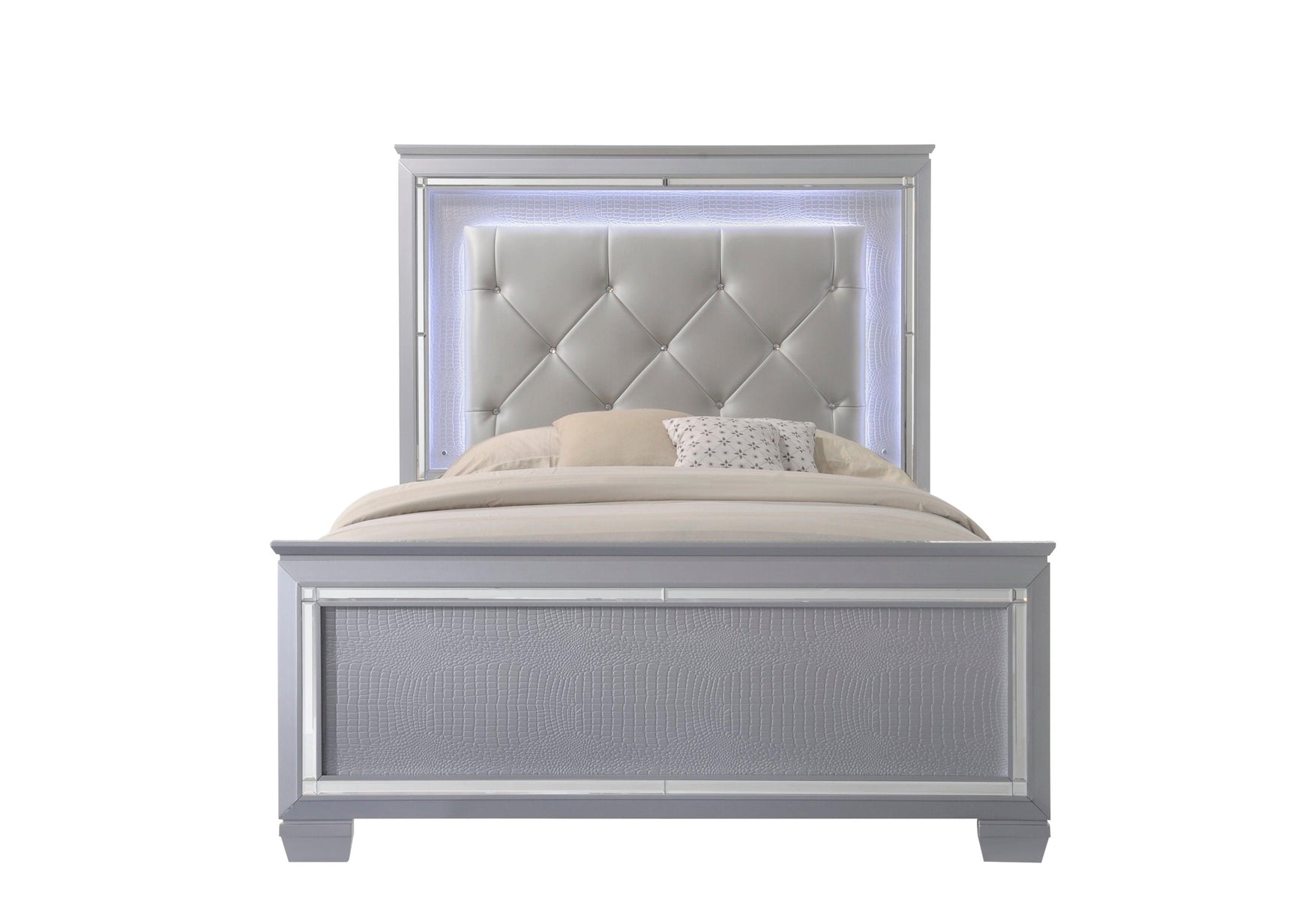 Main view of Queen size bed in Lillian Silver LED Upholstered Tufted Bedroom Set