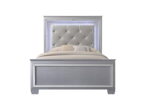 Main view of Queen size bed in Lillian Silver LED Upholstered Tufted Bedroom Set