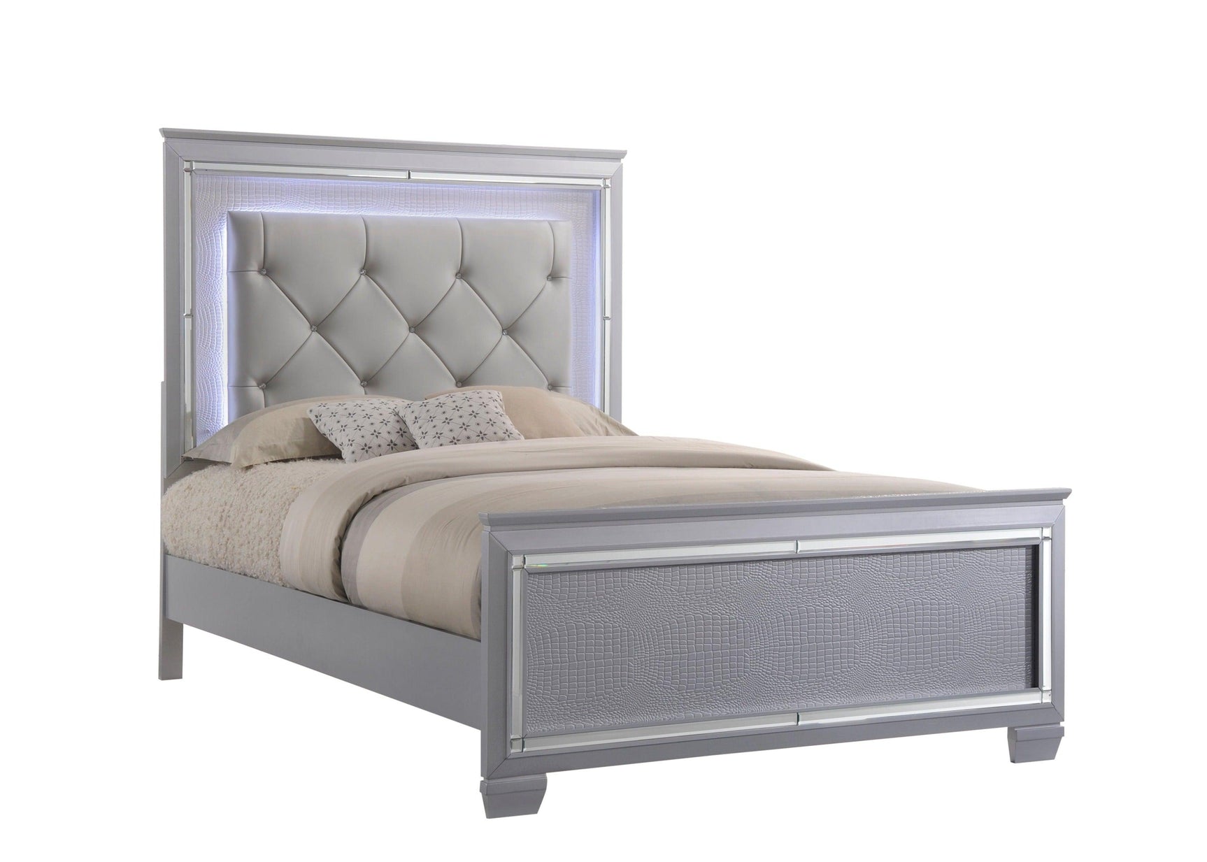 Side angle of Lillian Silver Queen Bed with metal frame and LED lights
